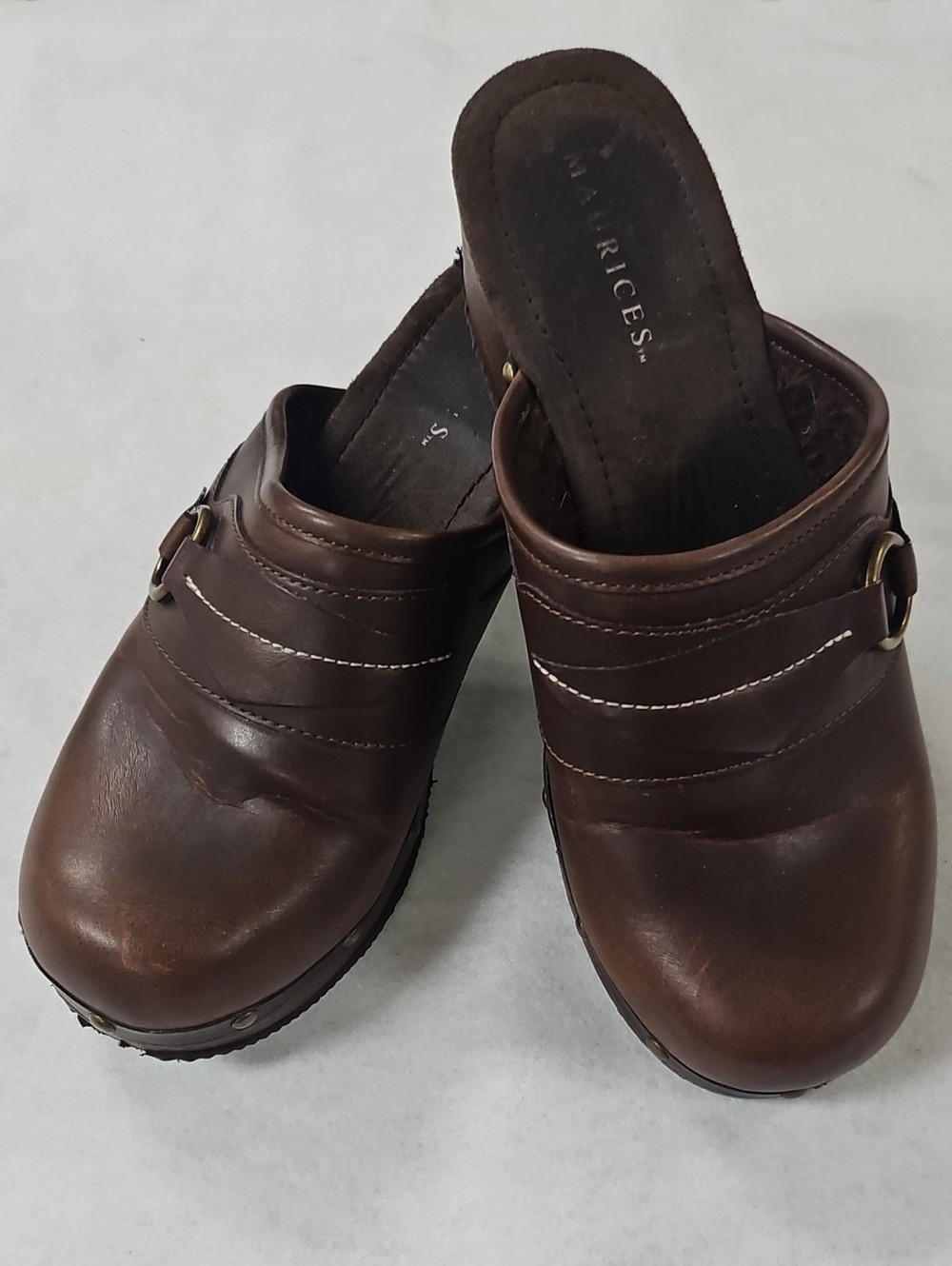 Maurices Dark Brown Leather Slip-On Clog Mules with Buckle